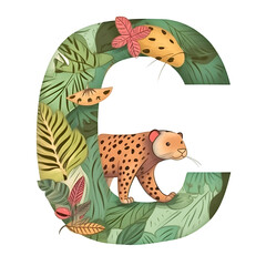 Alphabet letter G with leopard and tropical leaves. Vector illustration.