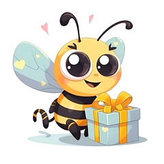 Cute cartoon bee with gift box. Vector illustration isolated on white background.