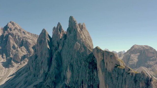 Seceda Aerial drone view flying above a peaceful alpine mountain top trekking area of the dolomite mountain range in val gardena italy 03