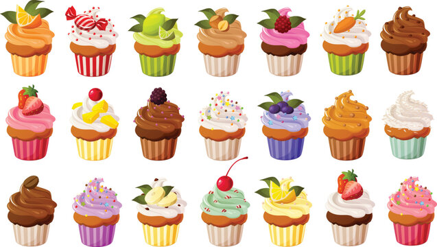 Cute vector illustration of various cupcakes with colorful frosting and garnish.