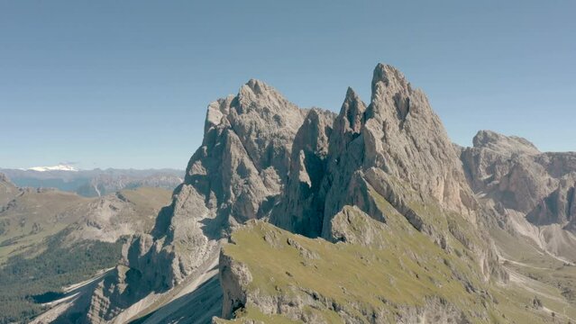 Seceda Aerial drone view flying above a peaceful alpine mountain top trekking area of the dolomite mountain range in val gardena italy 02