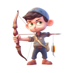 Cute cartoon boy with bow and arrow. 3d rendering.