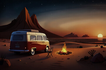 Fototapeta na wymiar Camping in the desert in the middle of nowhere use classic van