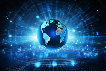 Map of the planet. Rays of energy. World map. Global social network. Future. Vector. Blue futuristic background with planet Earth. Internet and technology. AI generated content