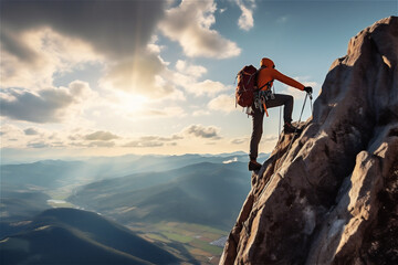 Person standing on top of a mountain and enjoying view of nature. AI generated content