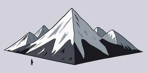Cartoon black and white graphic vector illustration of abstract snowy mountain landscape with snowcapped triangular peaks and mount range. Simple flat sketch element for climbing or hiking tourism.