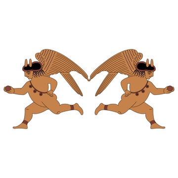 Symmetrical design with two running baby Cupids. Funny winged ancient Greek god of love Amur. Vase painting style. Isolated vector illustration.