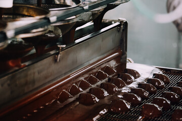 Process of chocolate glazing marshmallows in confectionery on conveyor machine. Marshmallow...