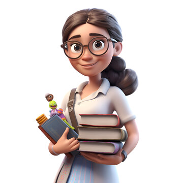 3D Render of Little Girl with book and glasses with backpacks