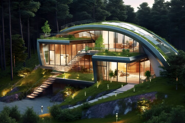 Modern green house or villa with energy saving technology in forest in evening