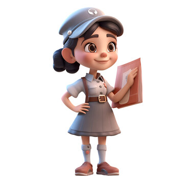 3D Render of a Little Girl with Postman's hat and uniform