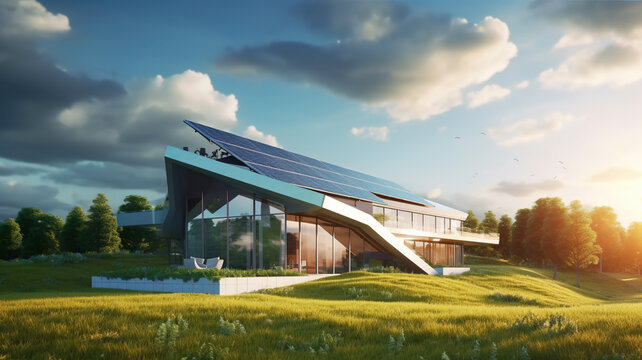 Modern green house or villa with energy saving technology in forest