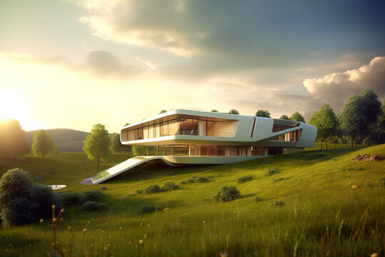 Futuristic green house with energy saving technology in forest at sunset