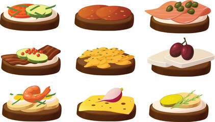 Cute vector illustration of various kinds of festive gourmet canape snacks for parties and entertaining.