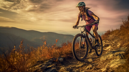 Naklejka na ściany i meble Woman riding bike on mountain trail, female cyclist on sports bicycle, generative AI