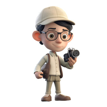 3D illustration of a boy with a camera on a white background