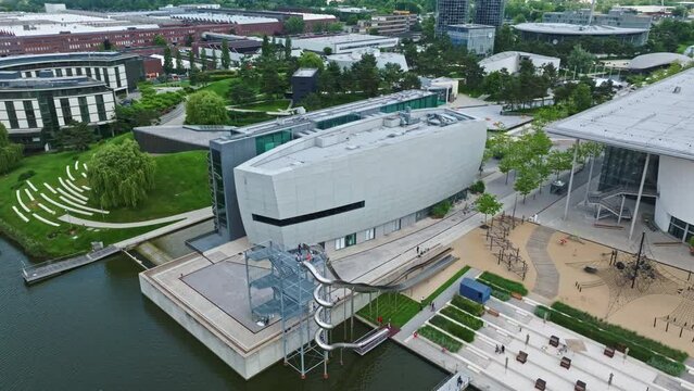 Drone shot of VW ZeitHaus Museum , Wolfsburg, Lower Saxony , Germany . The ZeitHaus multi-brand car museum is one of the world's leading automotive museums and part of the Autostadt.