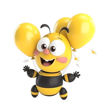3d render of a cute bee with yellow balloons on white background
