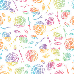 Colorful Rainbow Floral Twigs on White Abstract Geometric Seamless Vector Repeat Pattern