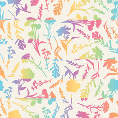 Colorful Rainbow Floral Silhouette on White Abstract Geometric Seamless Vector Repeat Pattern