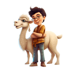 3d illustration of a boy and a camel isolated on white background