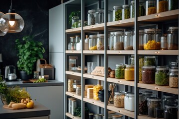 kitchen with an organized and stylish pantry with glass jerry cans and metal containers. ai generative - obrazy, fototapety, plakaty