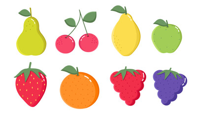 Set of fruits and berries characters for kids. Clipart design of lemon, pear, apple, cherry, raspberry, blackberry, strawberry, orange