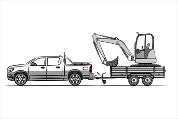 Pickup with trailer transporting mini excavator. Car trailer with two wheel axle for transportation cargo. Side view. Flat vector illustration isolated on white background. © Art_freeman