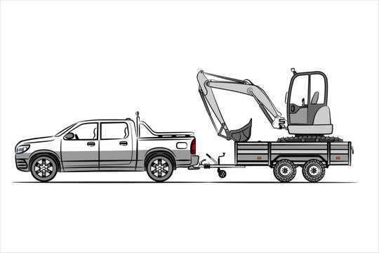 Pickup with trailer transporting mini excavator. Car trailer with two wheel axle for transportation cargo. Side view. Flat vector illustration isolated on white background.