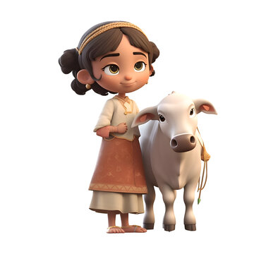3D Render of a Little Girl with a cow on white background