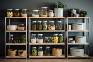 Fototapeta na wymiar kitchen with an organized and stylish pantry with glass jerry cans and metal containers. ai generative