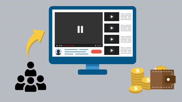 Monetize video and earn money from Online. People watching Video contents showing ads make revenue. Video player with monitor and coins falling down in wallet. Advertising monetization infographic.