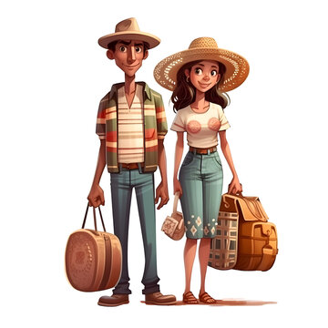 Cartoon man and woman tourists with backpacks. Vector illustration.