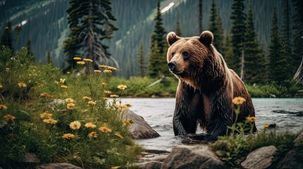 Bear in the lake. AI generated art illustration.
