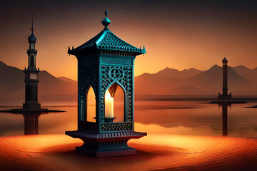 Ornamental Arabic lantern with burning candle glowing .