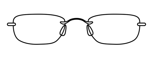 Rimless frame glasses fashion accessory illustration. Sunglass front view for Men, women, unisex silhouette style, flat rim spectacles eyeglasses with lens sketch outline isolated on white background