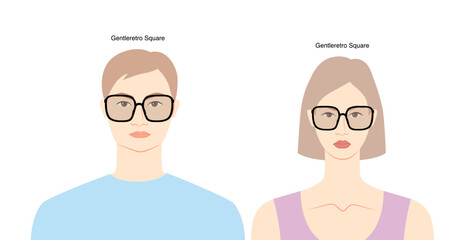 Obraz premium Gentleretro Square frame glasses on women and men flat character fashion accessory illustration. Sunglass front view unisex silhouette style, rim spectacles eyeglasses, sketch style outline isolated