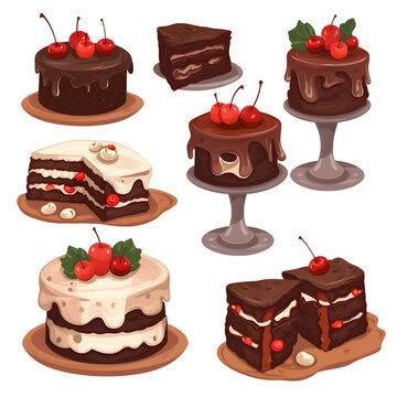 Chocolate cake with cream and cherry icon set. Vector illustration.