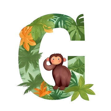 Font design for word g with tropical leaves and monkey on white background illustration