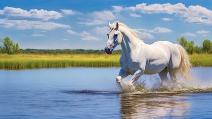 Obraz premium White horse on the beach. AI generated art illustration.