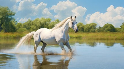 Naklejka na ściany i meble White horse on the beach. AI generated art illustration.