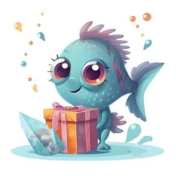 Cute cartoon blue fish with a gift box. Vector illustration.
