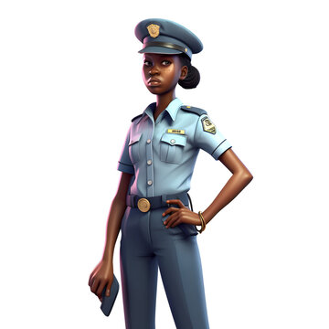 Female police officer or policewoman with blue uniform and black hat