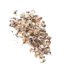 Purple pop corn fly explosion, purple snack organic pop corn float explode, abstract cloud fly. Purple popcorn organic food splash throwing in Air. White background Isolated