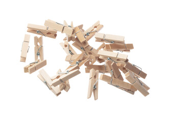 Wooden clothespins float gracefully in air, purposeful clips and holds transformed into a dance of household order and creative inspiration. Beige bundle of laundry dangles. White background isolated