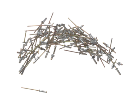 Blind Rivet nail fly in air. Many bulk blind rivet group float up over white background isolated. Rivet for industry used as meterial hardware tool to joint part metallic repair fix