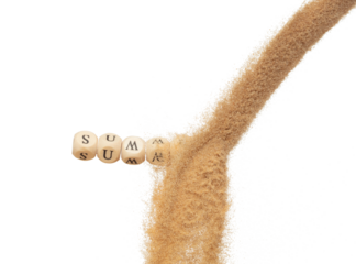 Alphabet letter wording "Summer" bead toy flying over sand explosion flying in air. Summer word alphabet letter show tropical island beach sand for vacation holiday. White background isolated