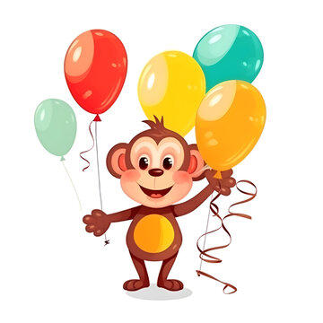 Cute monkey with balloons. Vector illustration isolated on white background.