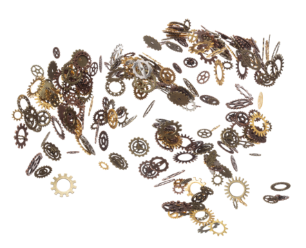 Cog wheel gear is spare part for industrial steel. Cogwheel gear head is innovation and brain teamwork. Many group gear wheel in difference color size fly in air. White background isolated