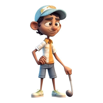 3D Render of a Little Boy with Golf Club on White Background